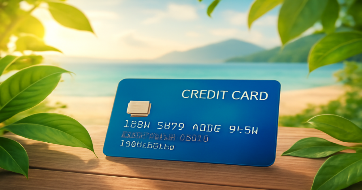 A professional image of a кредитная карта on a table with nature in the background, ideal for financial planning.