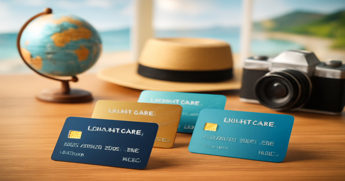 A collection of кредитные карты arranged with travel elements, reflecting personal finance choices.