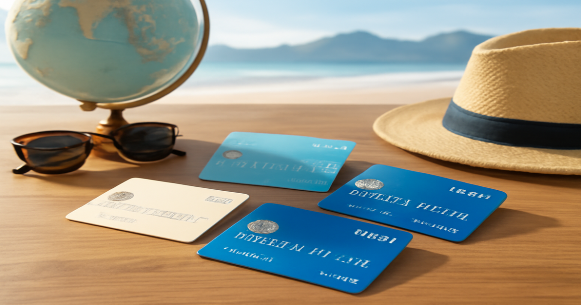 A collection of debit cards on a table, representing choices for low-fee debit cards.