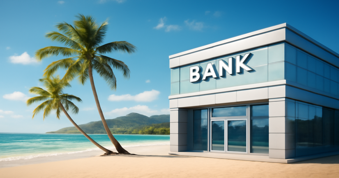 A calm beach scene highlighting financial security with a bank building, representing депозиты for savings.