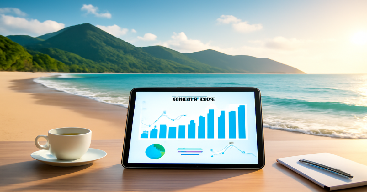 A tranquil beach scene with a financial planner's desk, illustrating депозиты for savings and investment.