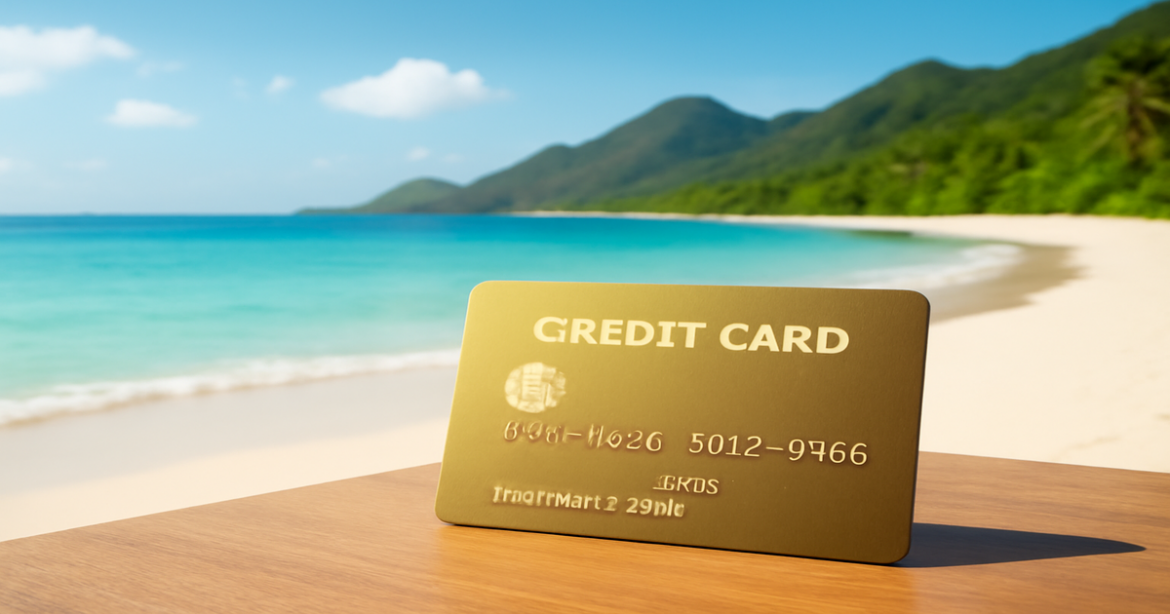A serene beach scene with a credit card, illustrating how to choose лучшие кредитные карты in 2023.