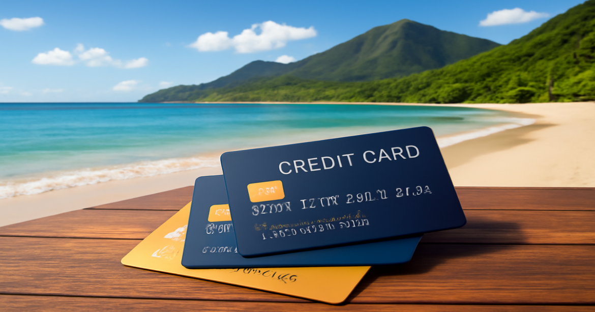 Beautiful beach scene with credit cards, perfect for exploring лучшие кредитные карты.