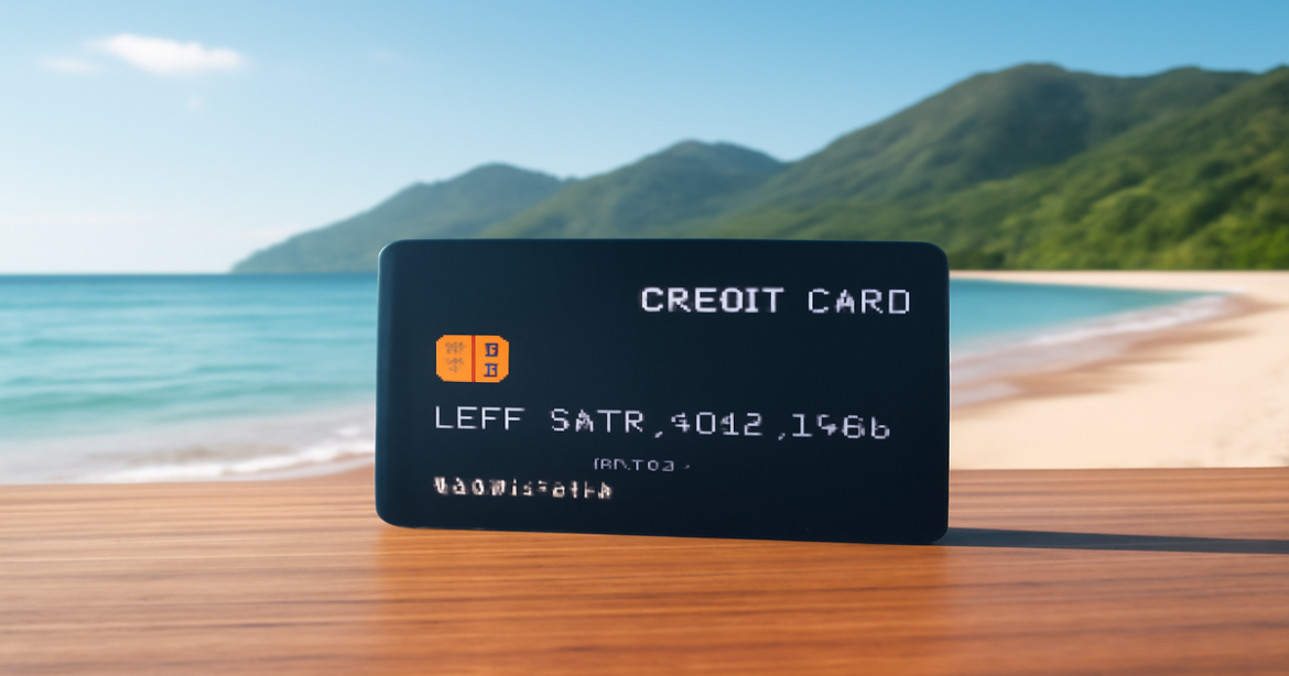 A beautiful beach scene with a credit card, perfect for articles on кредитные карты.