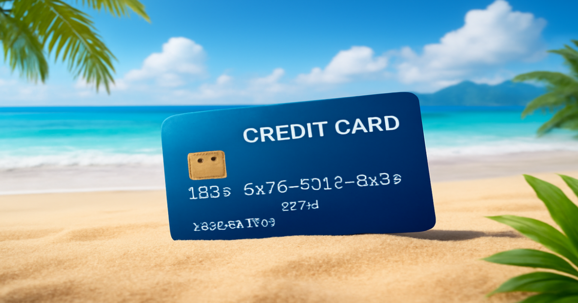 A relaxing beach scene featuring a stylish credit card, illustrating the benefits of choosing кредитные карты.