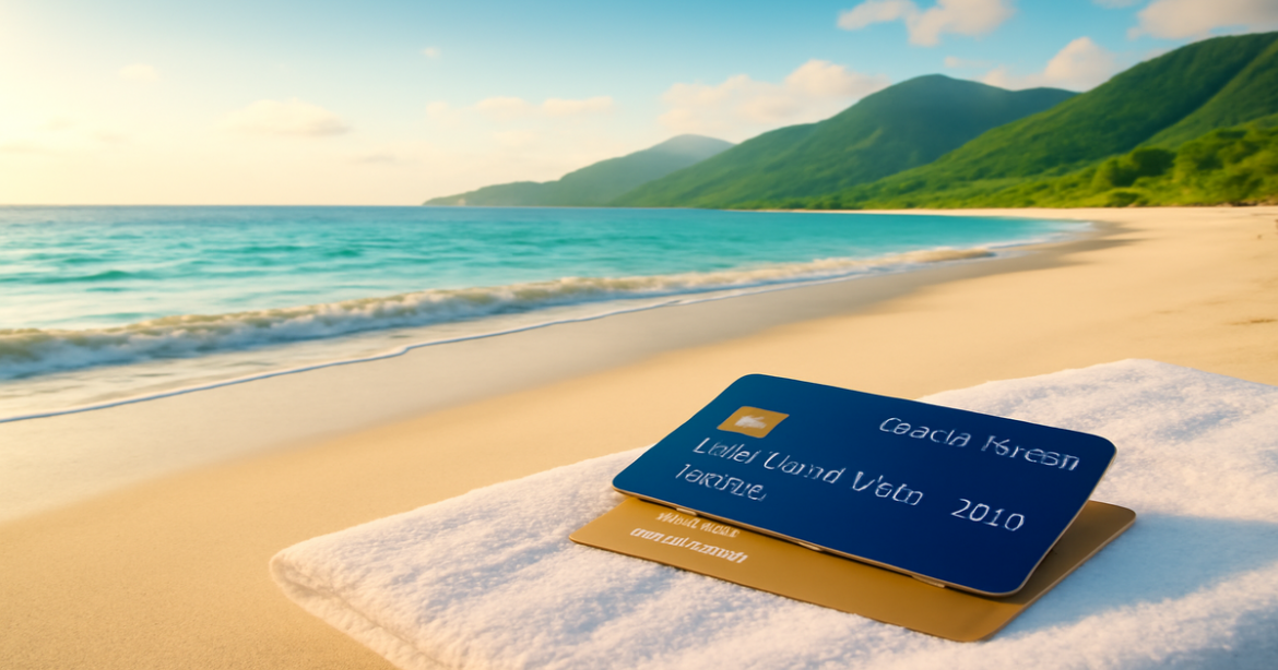 A serene beach scene featuring credit cards, representing how to choose the best кредитные карты.