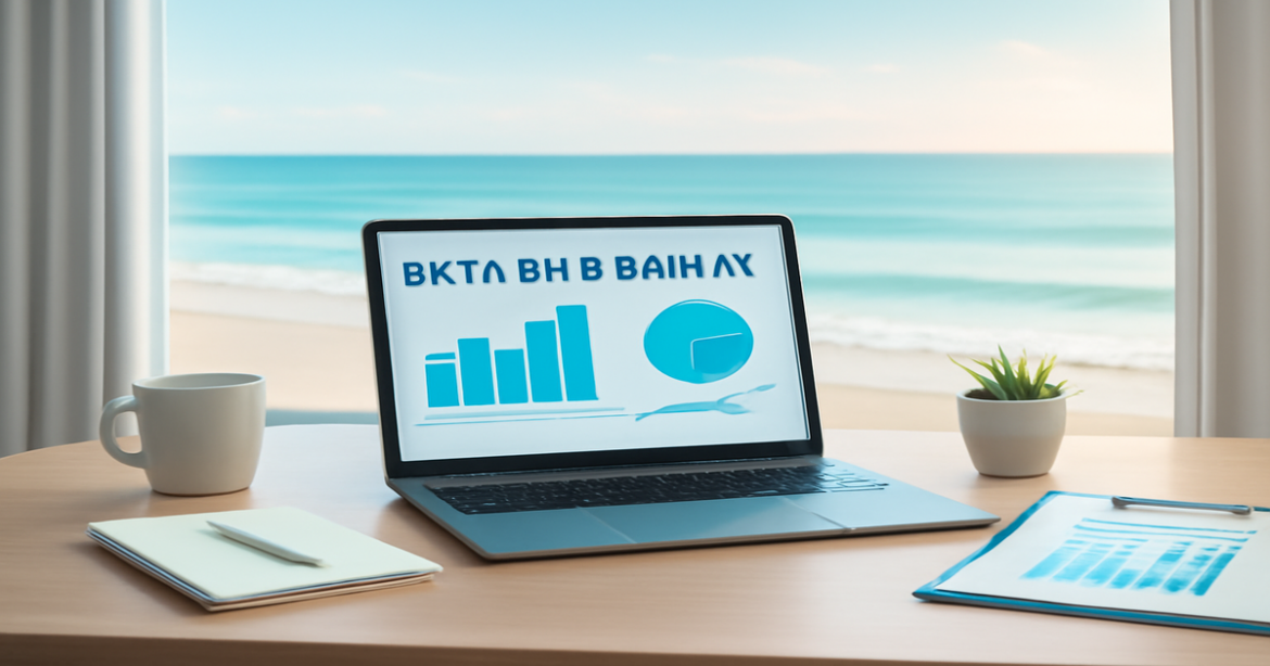 A professional workspace showcasing вклады в банках with a beach view, promoting financial planning and relaxation.