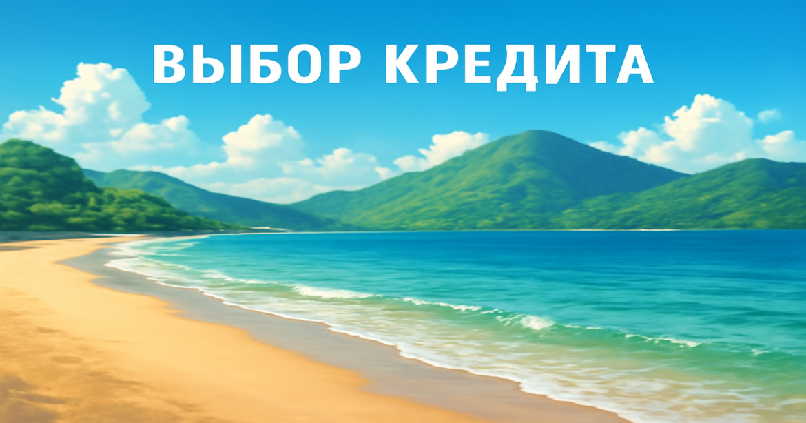 A peaceful beach and mountain landscape, symbolizing the выбор кредита process for financial well-being.