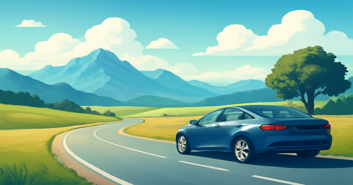 Scenic view of a road with a car, symbolizing the journey of selecting a кредит на автомобиль.