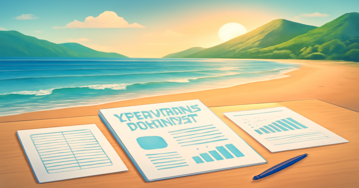 A tranquil beach and mountains scene representing the journey of selecting a кредитный продукт.