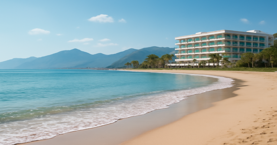 A relaxing beach and mountain scene, highlighting страхование options for travel planning.