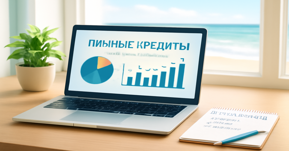 A professional workspace illustrating личные кредиты with a serene beach view, symbolizing financial freedom.