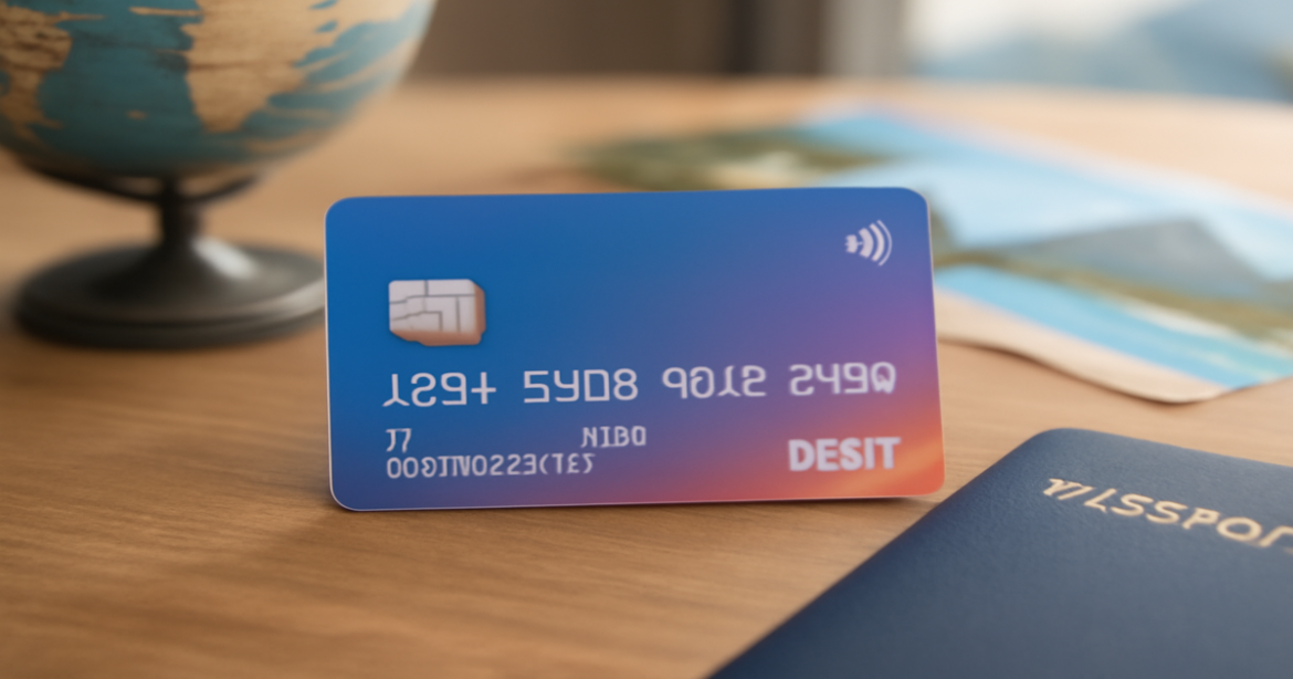 A modern debit card among travel items, symbolizing smart financial choices for adventures.
