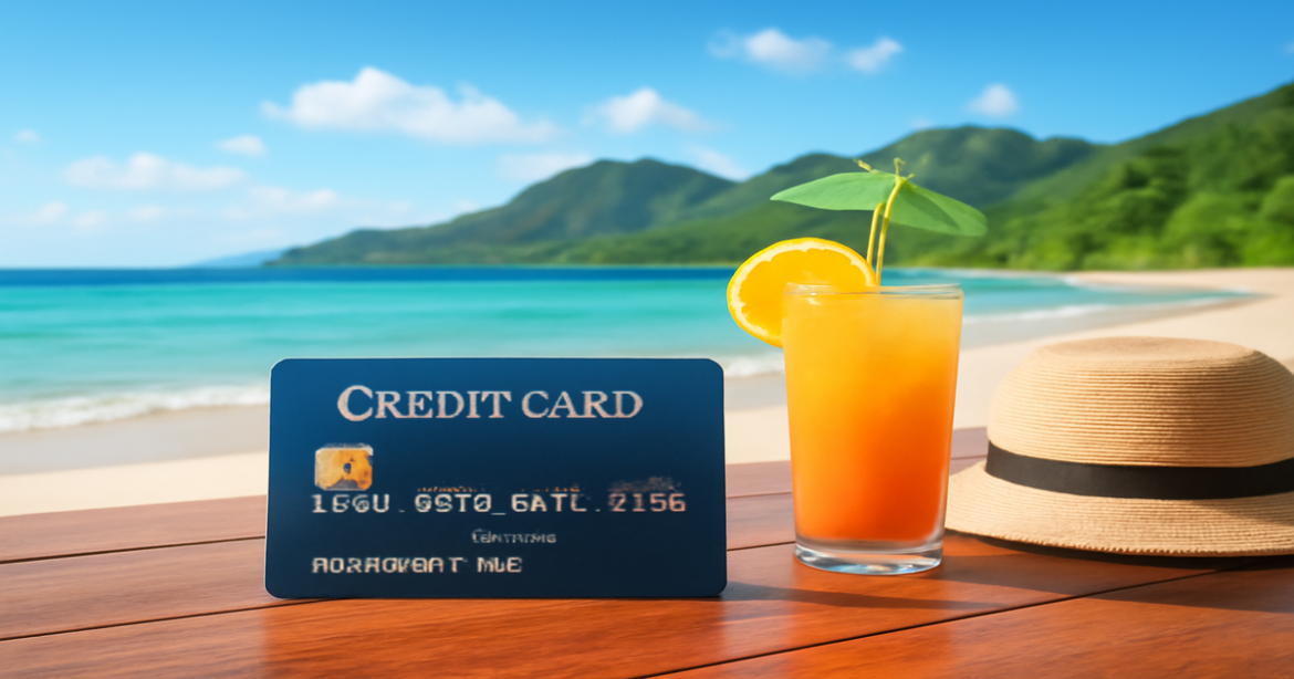 A peaceful beach scene with a credit card, illustrating выбор кредитной карточки for travel.