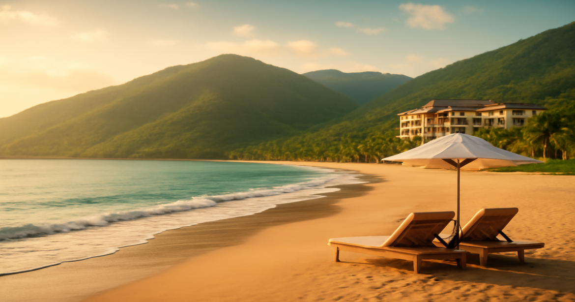 A relaxing beach landscape illustrating выбор кредитной карты for travel in 2023.