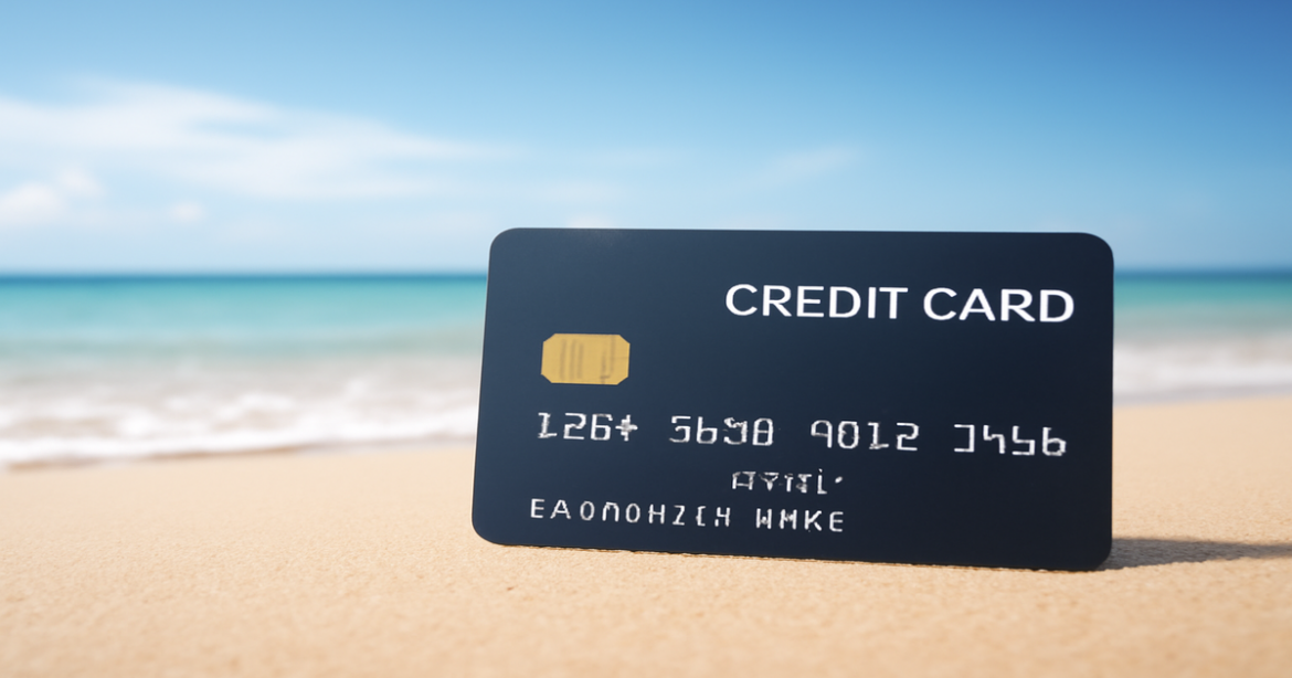 A relaxing beach scene with a credit card, symbolizing financial freedom and travel opportunities.