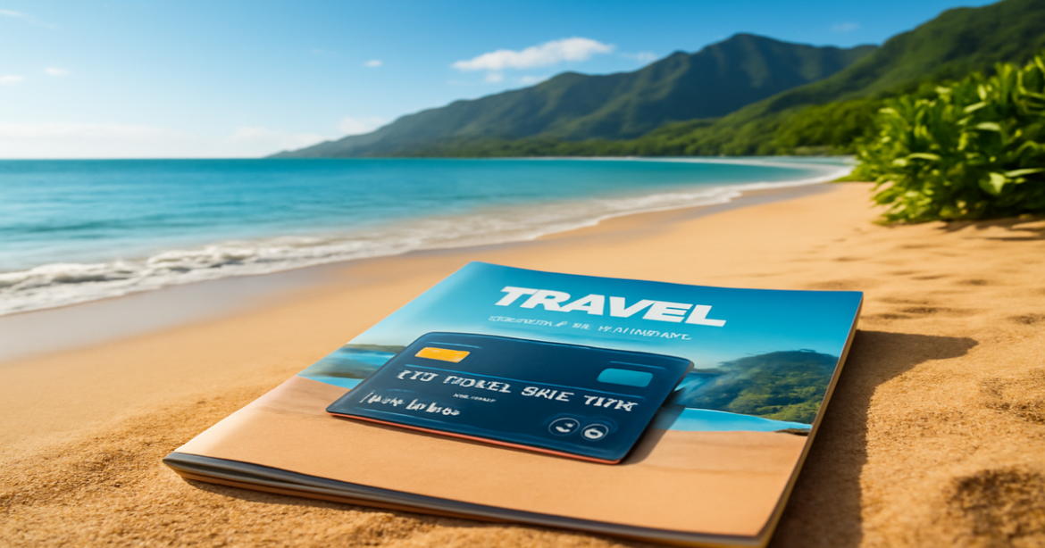 A tranquil beach scene illustrating the selection of a кредитная карта for travel planning.