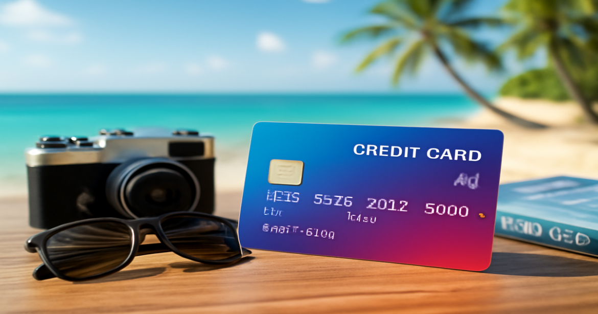 A stylish credit card on a wooden table with travel essentials, highlighting the theme of choosing a кредитная карта.