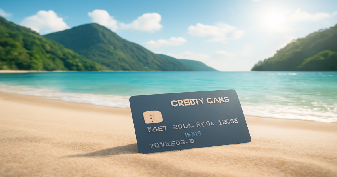 A tranquil beach scene with a credit card, symbolizing financial choices and travel opportunities.