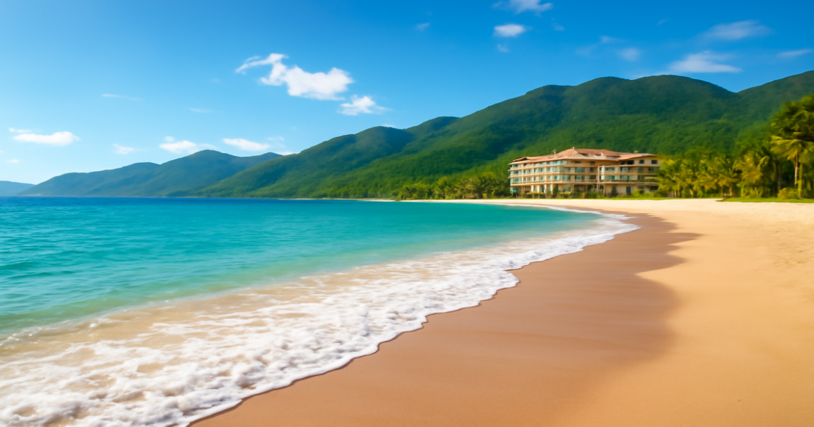 Stunning beach scene illustrating the benefits of a кредитная карта for travel and financial planning.