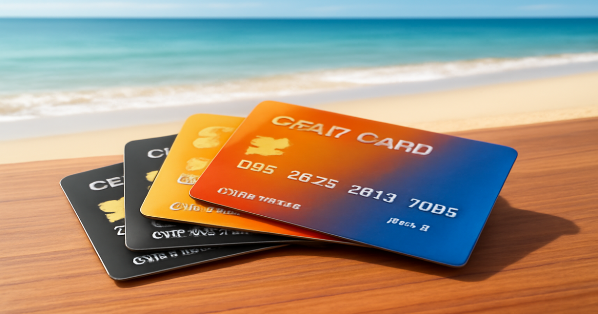 A serene beach scene with credit cards, perfect for choosing лучшую кредитную карту.
