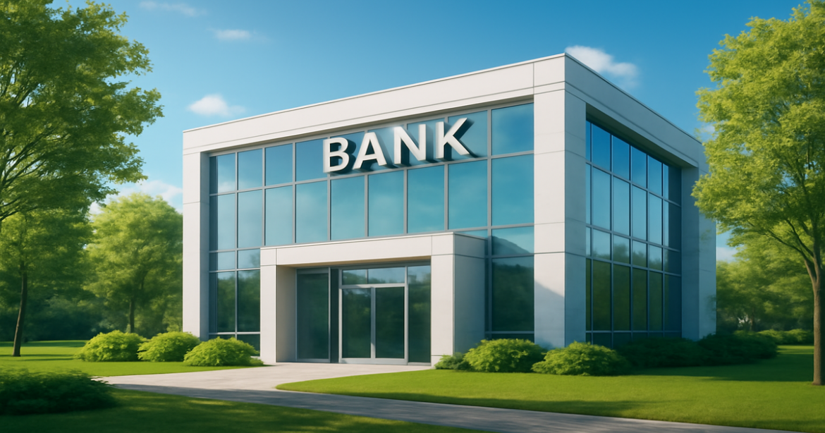 A modern bank building in a natural setting, illustrating выбор банка для депозита.