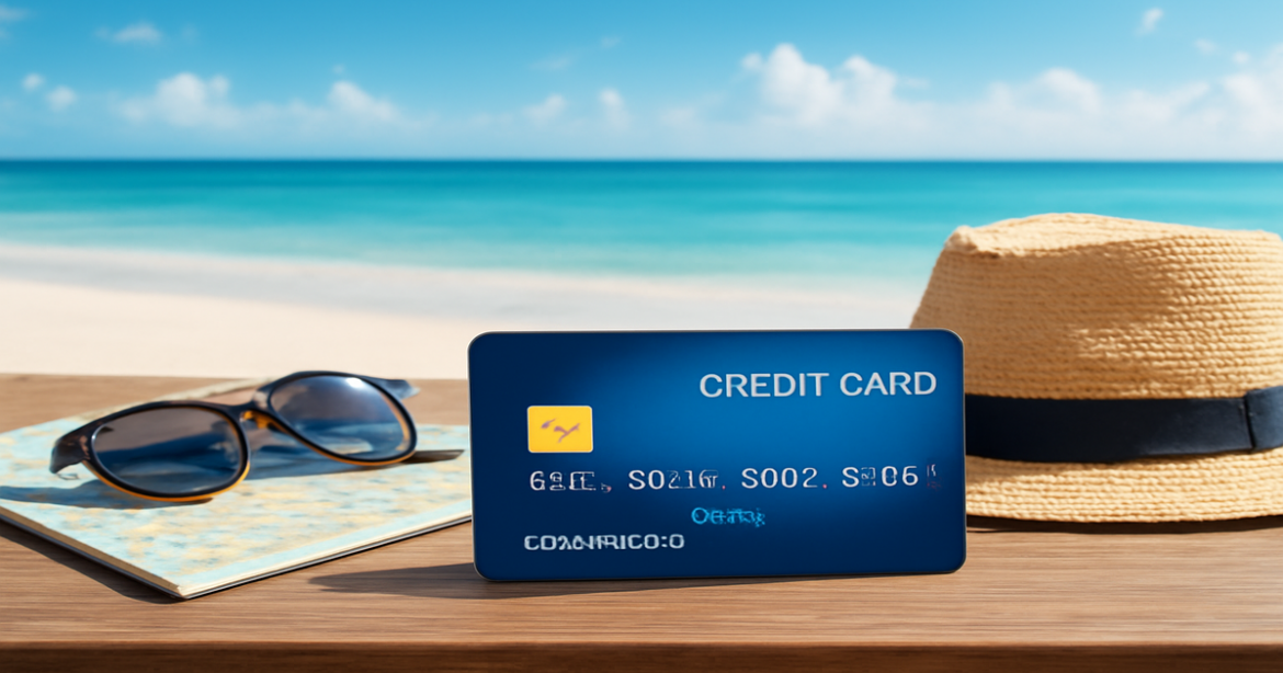 A relaxing beach scene with a credit card symbolizing financial freedom for travel adventures.