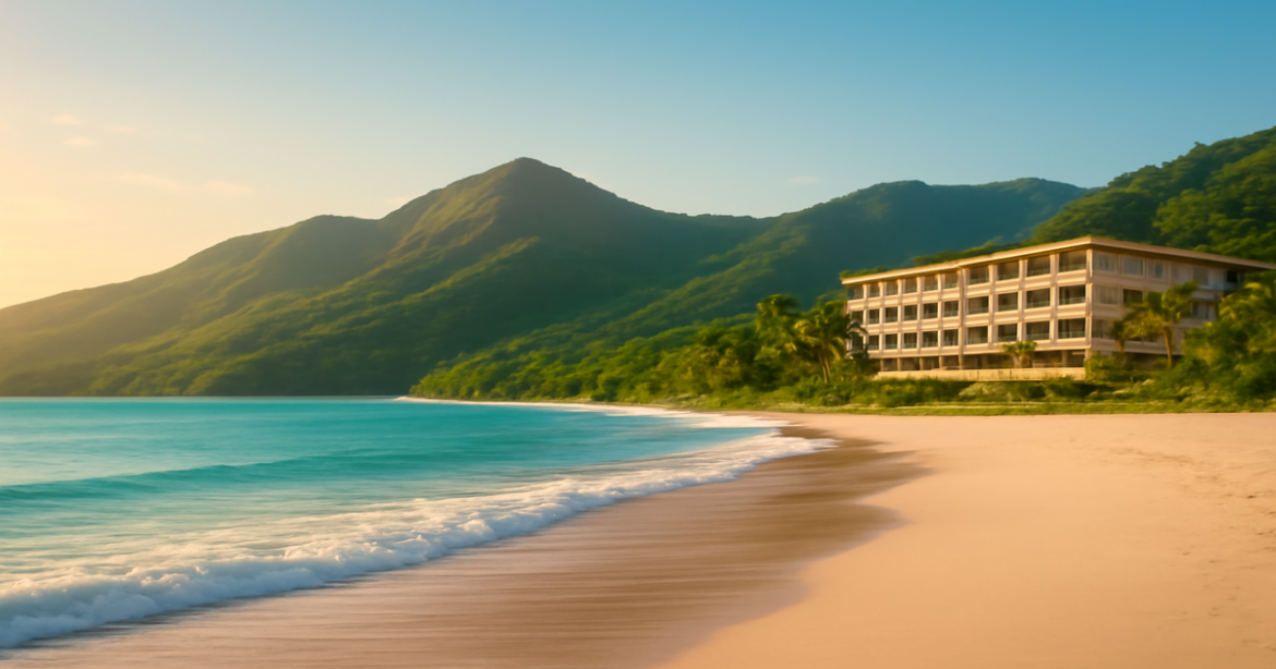 Relaxing beach and mountain scene representing страхование and financial protection through travel.