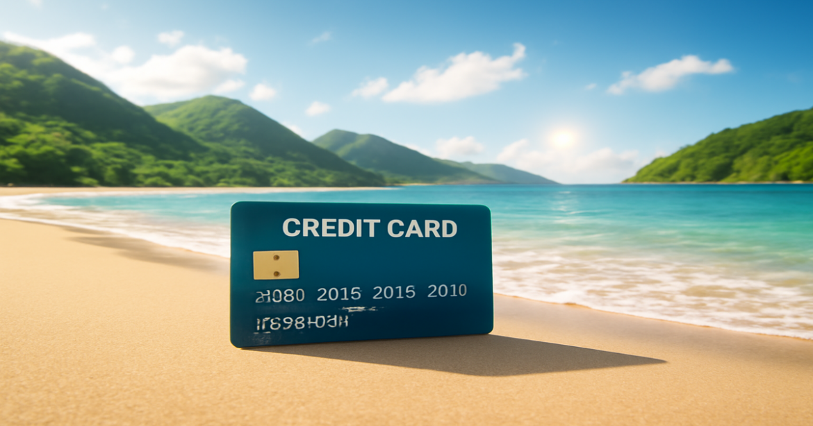 A peaceful beach scene showcasing credit cards amidst nature, perfect for understanding кредитные карты.