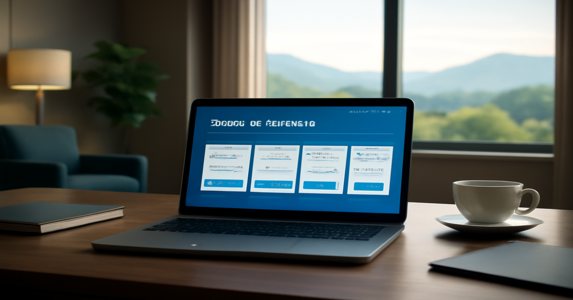 Professional image representing выбор вклада в банке with a modern office and serene nature backdrop.