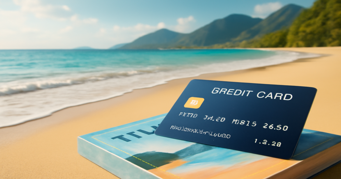 Stunning beach scene with a kreditnaya karta symbolizing financial planning for travel.