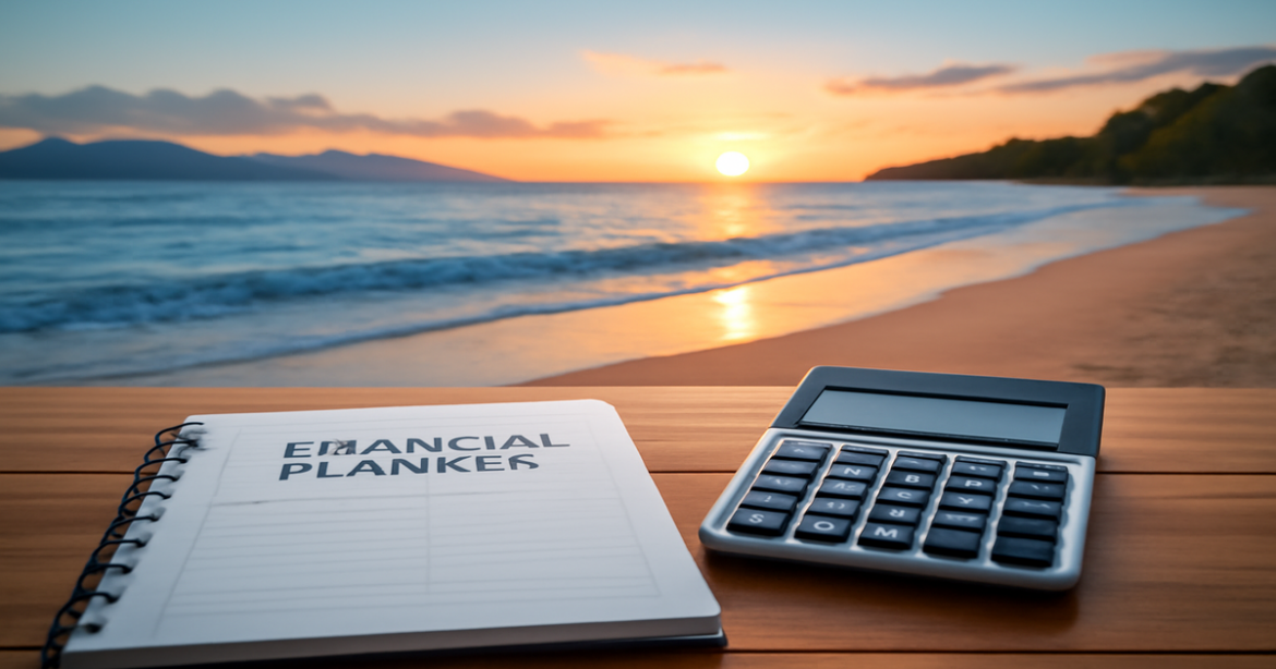A relaxing beach scene with financial planning elements, highlighting the importance of choosing a потребительский кредит.