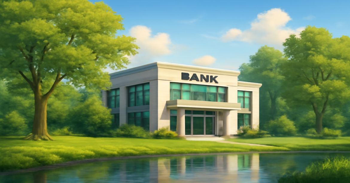 A professional image illustrating the selection of deposits in 2026 with a bank surrounded by nature.