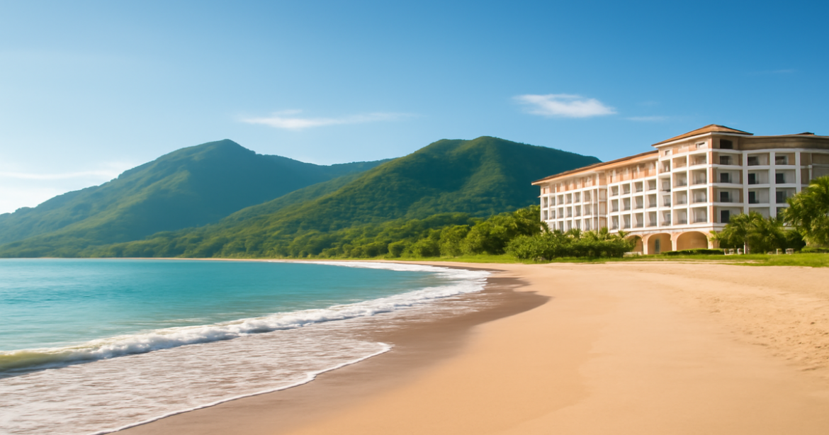 A tranquil beach and mountain view highlighting the importance of страхование for travel planning.