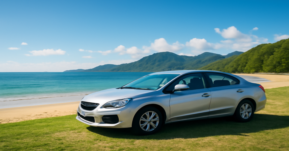 A scenic view of a car by the beach, symbolizing the importance of страховка автомобиля.