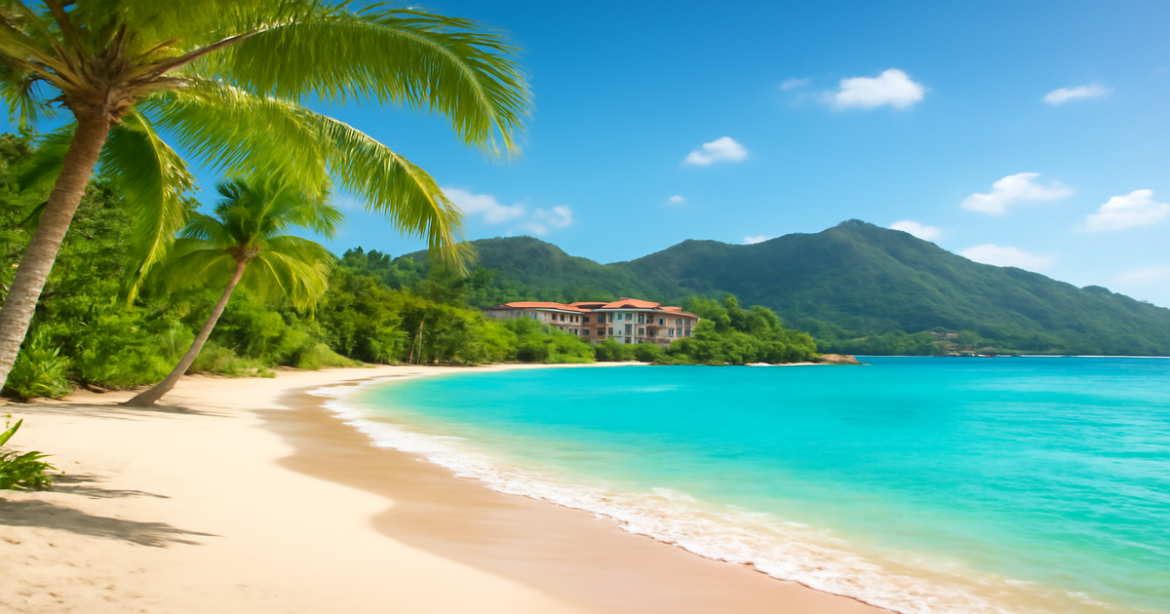 Beautiful beach scene highlighting the importance of страховка для путешествий for safe travel.