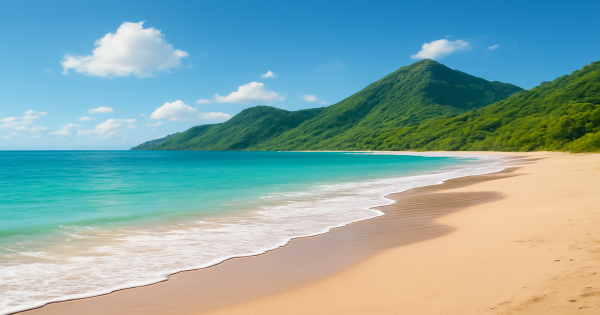 A tranquil beach and mountain view symbolizing the importance of choosing the right страховой продукт.