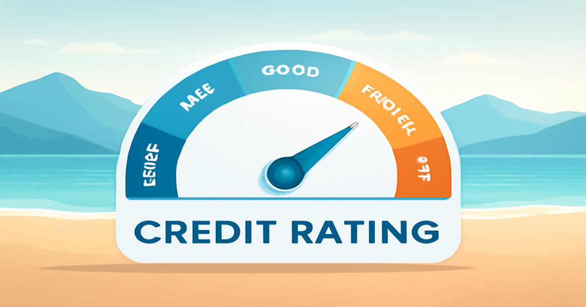 Illustration of кредитный рейтинг with a credit score gauge against a tranquil nature backdrop.