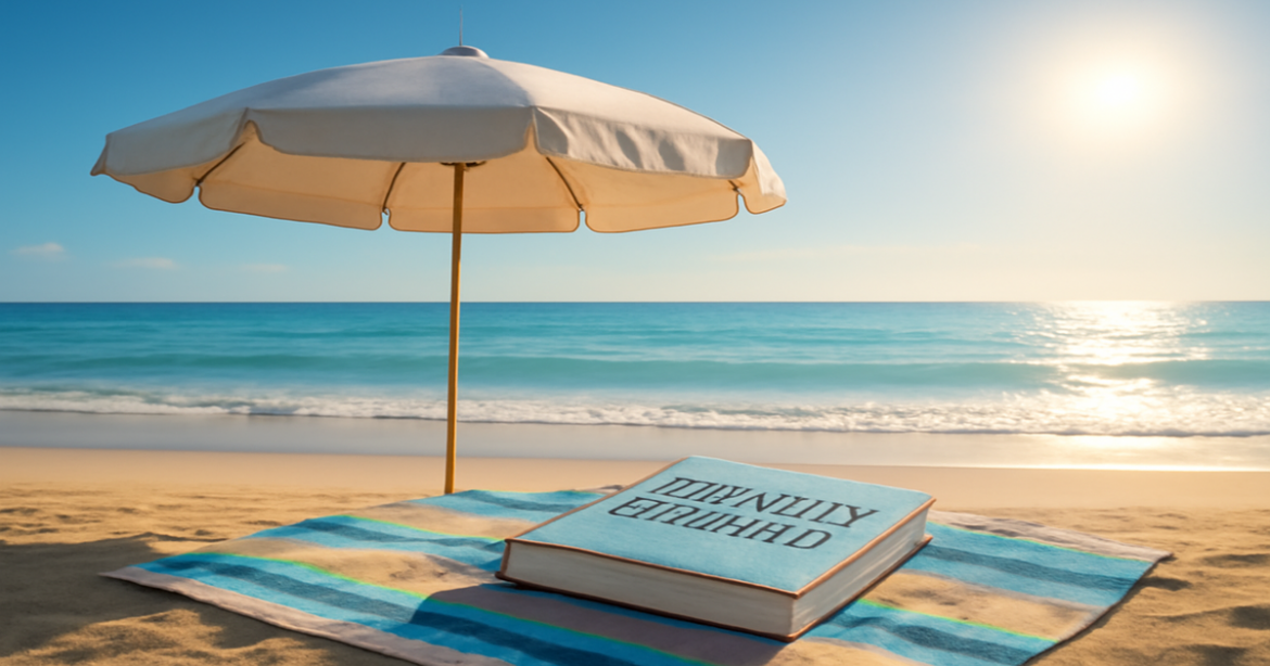 Relaxing beach scene highlighting financial planning with a guidebook on a towel, emphasizing personal finance management.
