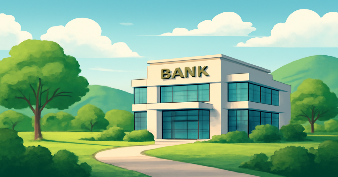 Discover the best банковские услуги for beginners in a serene and inviting bank landscape.