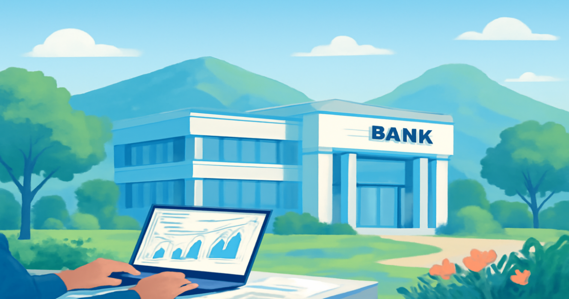 Explore top банковские услуги in Russia with a modern bank in a serene landscape.