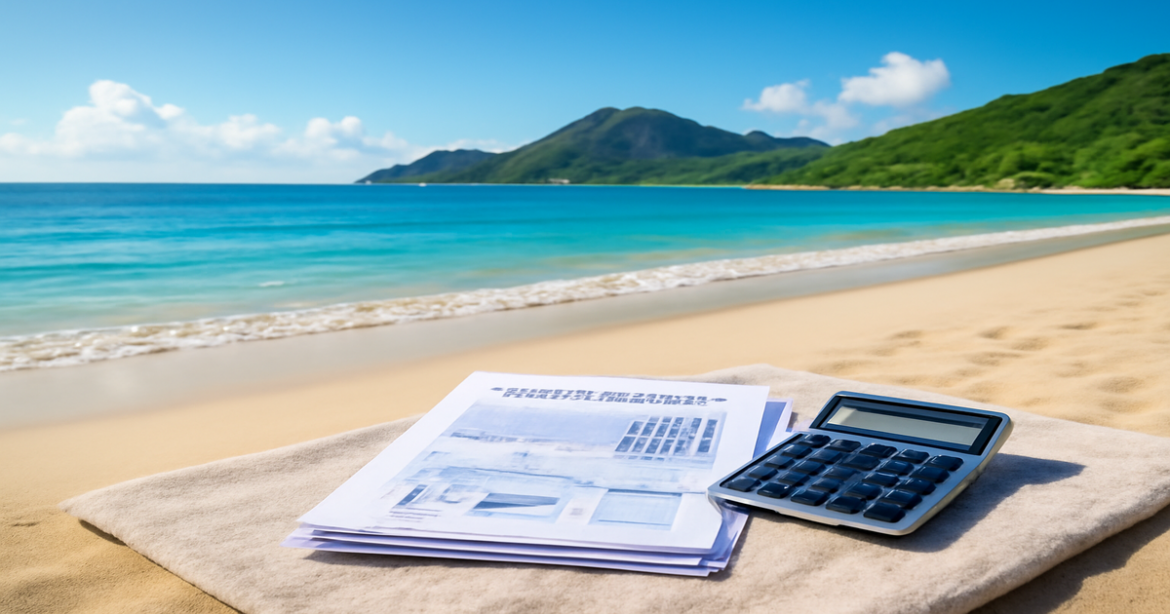A relaxing beach scene with a focus on personal finance, featuring a deposit account concept.