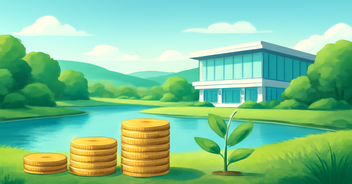 A professional image representing deposits with a serene bank and growth symbols in a bright landscape.