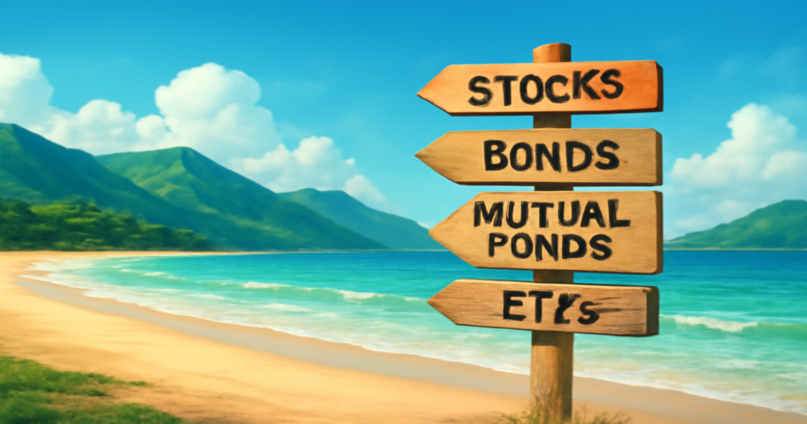 A beautiful beach landscape illustrating investment products for beginners, promoting financial independence.