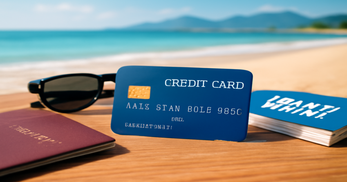 Stylish credit cards on a table with travel items, representing best credit cards for 2023.
