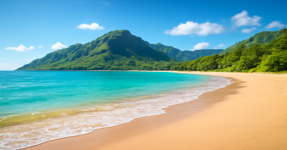 A relaxing beach and mountain landscape symbolizing credit cards for smart purchases in 2023.