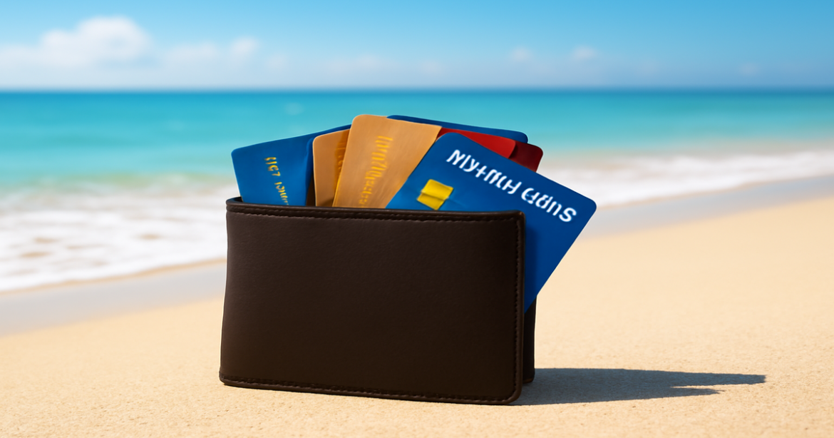 Explore the best кредитные карты with a stylish wallet against a relaxing beach backdrop.