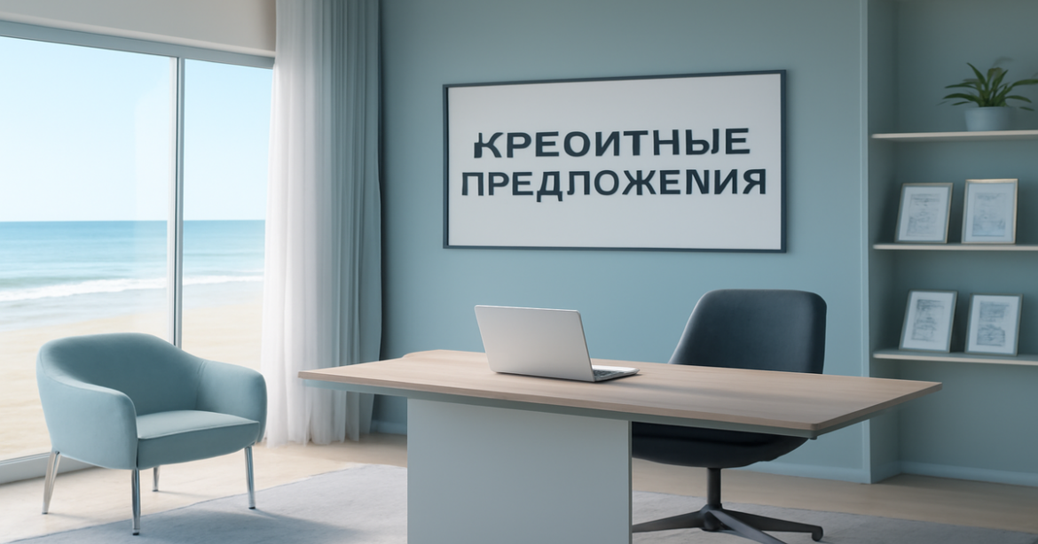 Explore the best кредитные предложения in a serene financial consulting office with beach views.