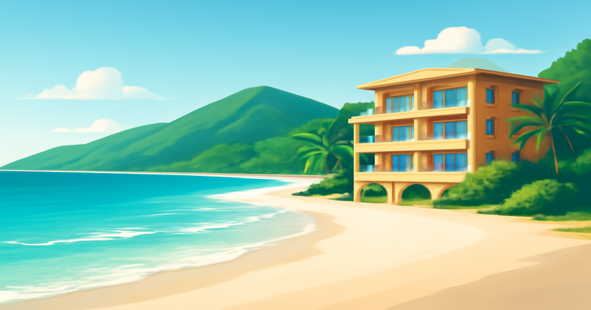 A relaxing beach scene symbolizing financial growth through депозиты, featuring mountains and a stylish hotel.