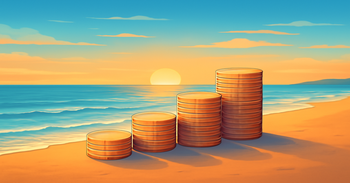 A tranquil beach scene with coins symbolizing deposits for financial growth.